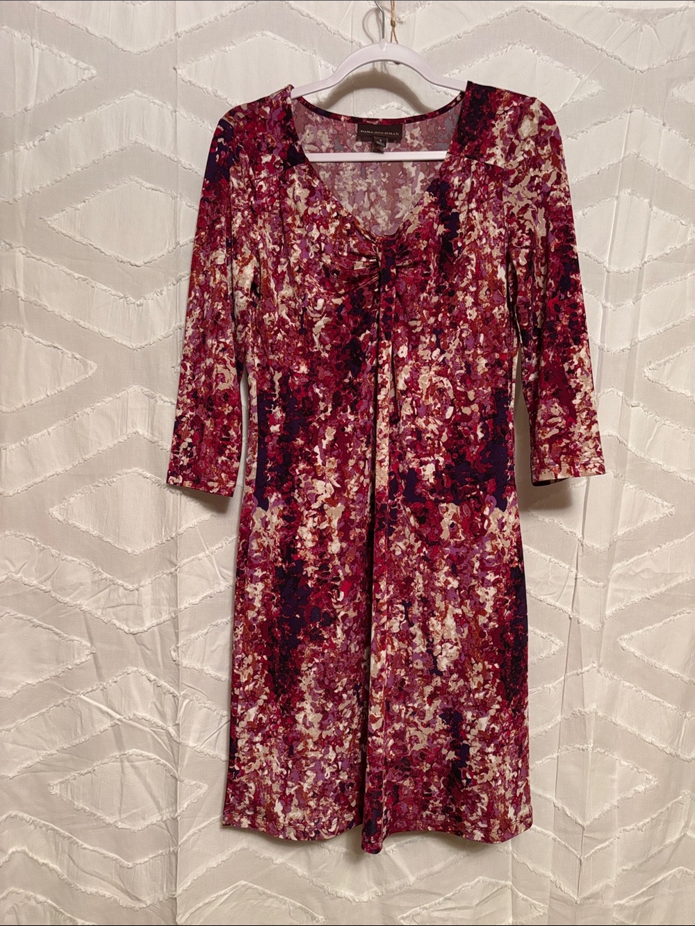 Dana Buchman Burgundy Floral Midi Dress with Ruched Front